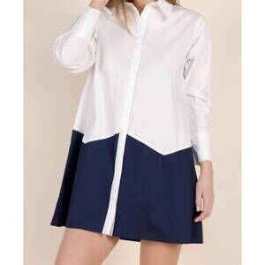 NEW BEFORE YOU COLLECTION colorblock button up shirt dress in white/navy